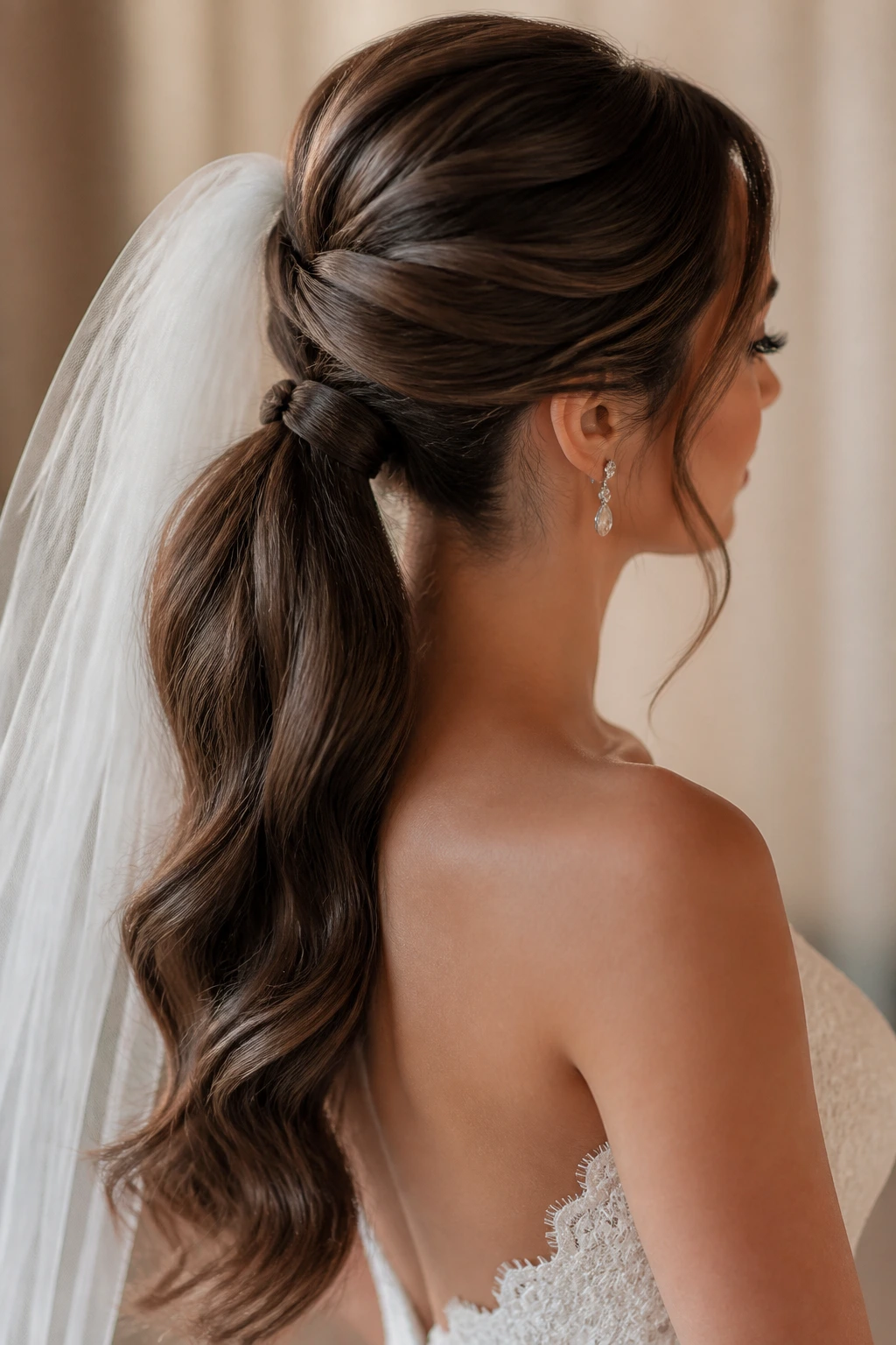 Close-up of real bride with thick low ponytail and veil anchor.