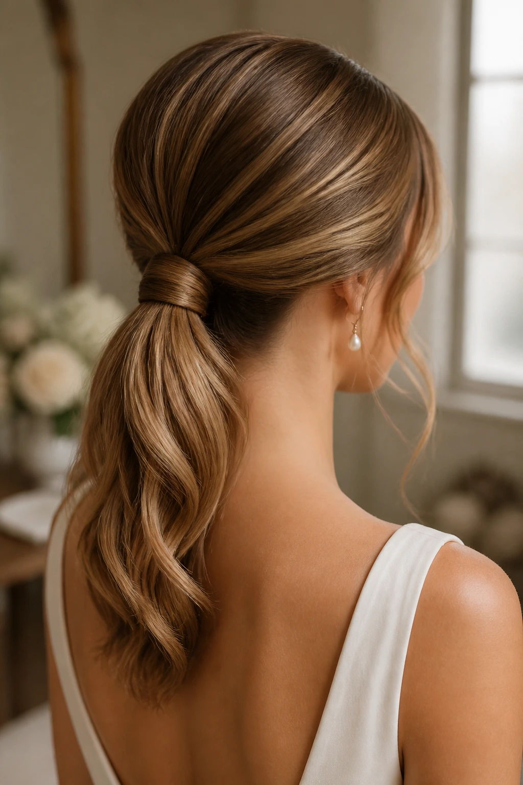 Rear close-up of real woman with wrapped low ponytail at nape.