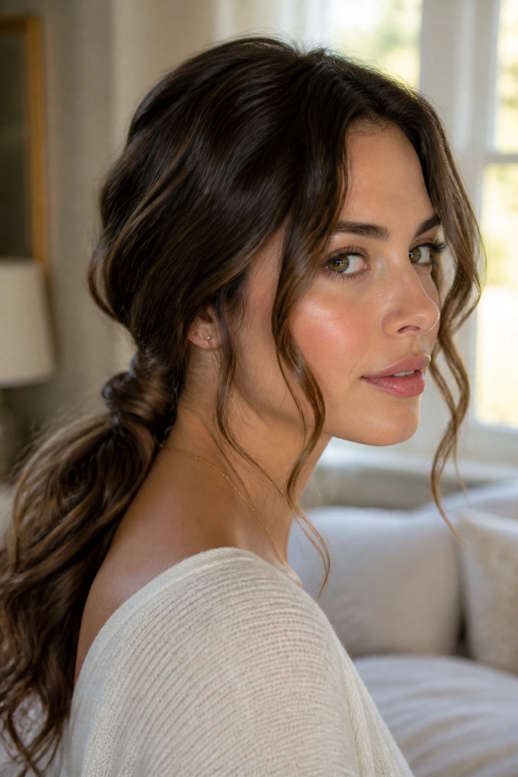 Close-up of a low ponytail with wrapped base on a real woman.