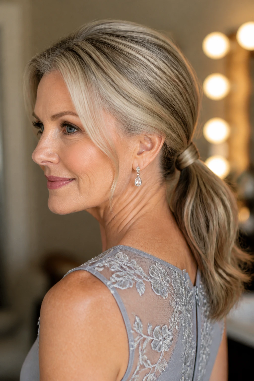 Real woman with a low ponytail featuring a wrapped base at the neck