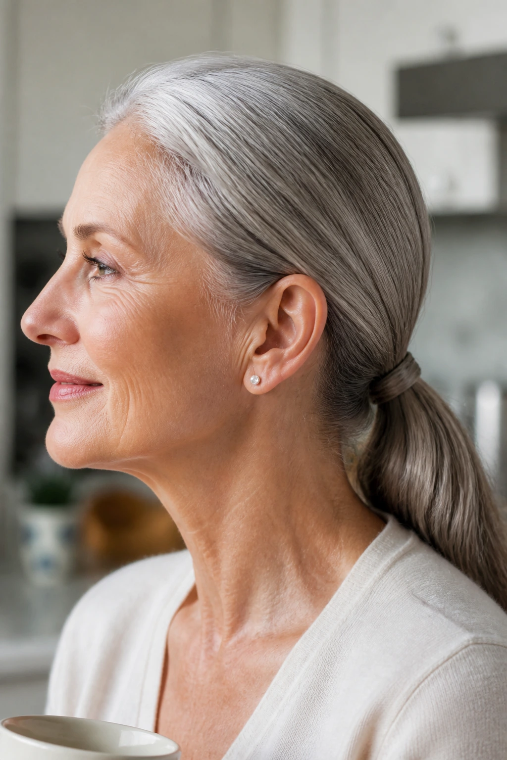 Sleek low ponytail with wrapped base on a real woman in morning light