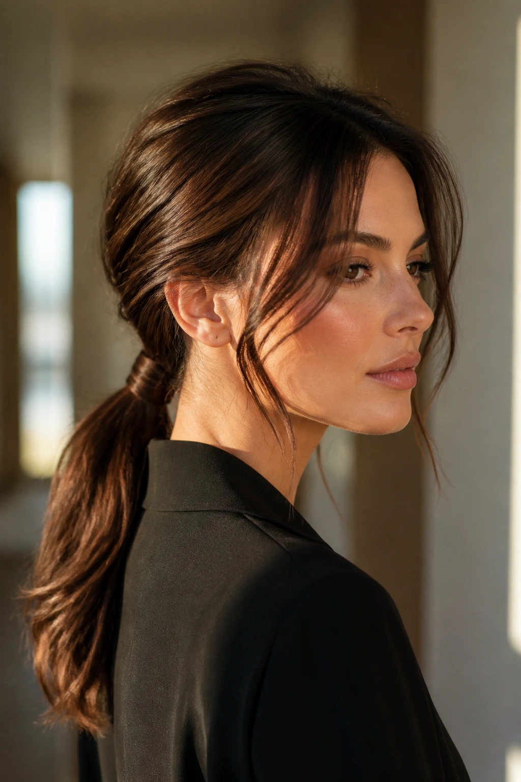Close-up of a woman with a low ponytail wrapped base