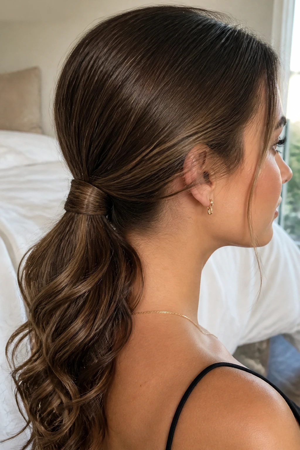Close-up of a real woman with a wrapped-base low ponytail in soft daylight.
