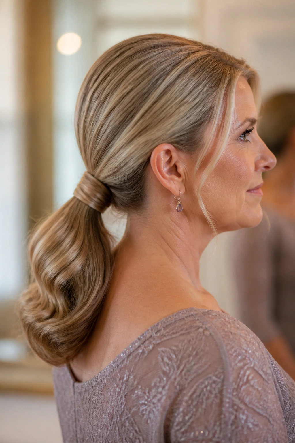 Close-up of a real woman wearing a polished low ponytail with a wrapped base