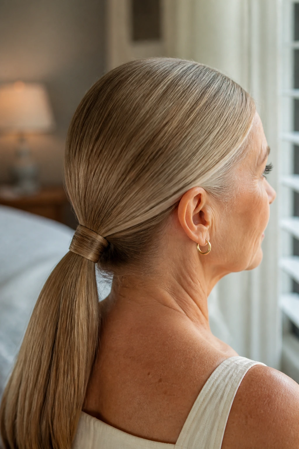 Close-up of a real woman with a sleek low ponytail wrapped at the base