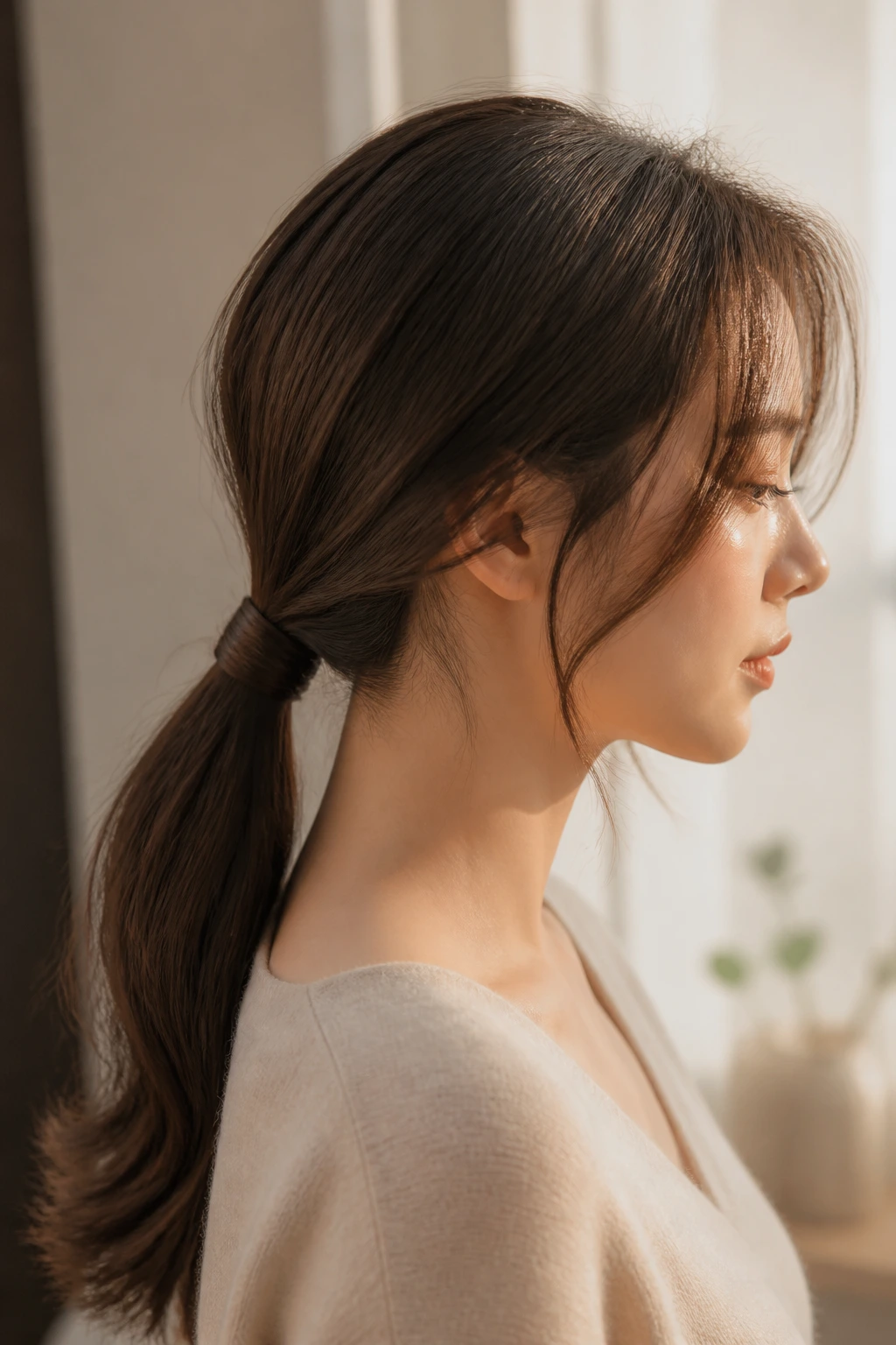 Close-up of a real woman with a wrapped low ponytail and face-framing pieces