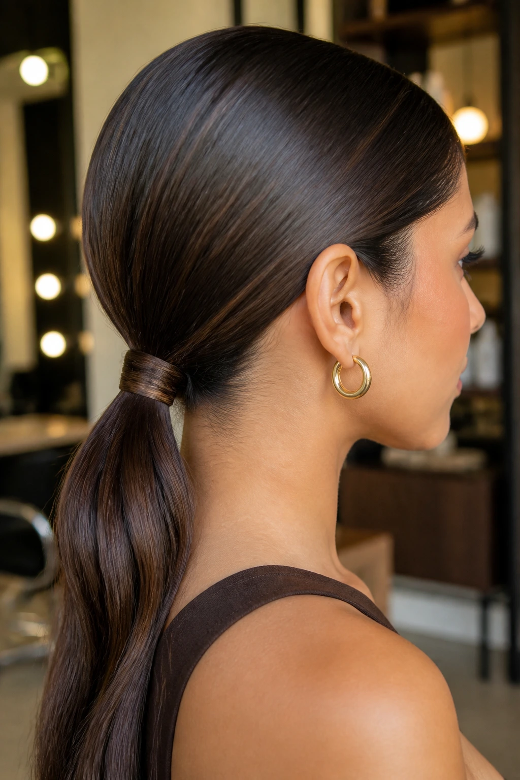 Close-up of real person with a low wrapped ponytail at the nape