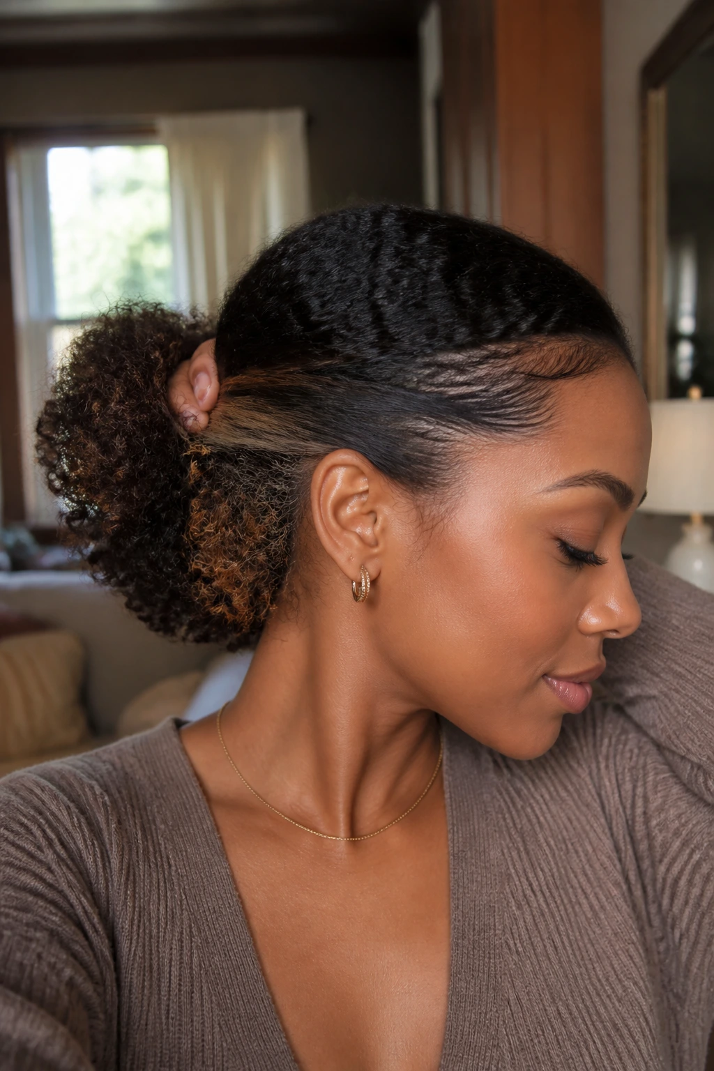 Close-up portrait of a real woman with a low puff and hidden babylights under the crown