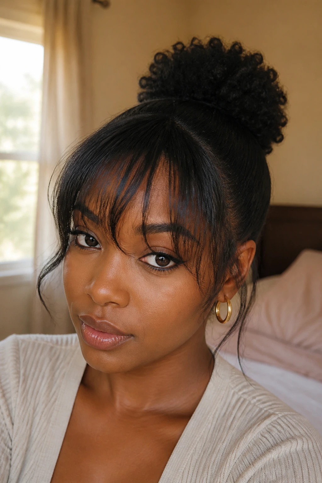 Woman with a low puff and loose fringe.