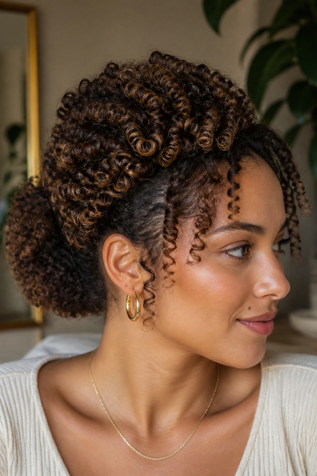 Close-up of a real person with a low puff and highlighted crown curls in soft indoor light
