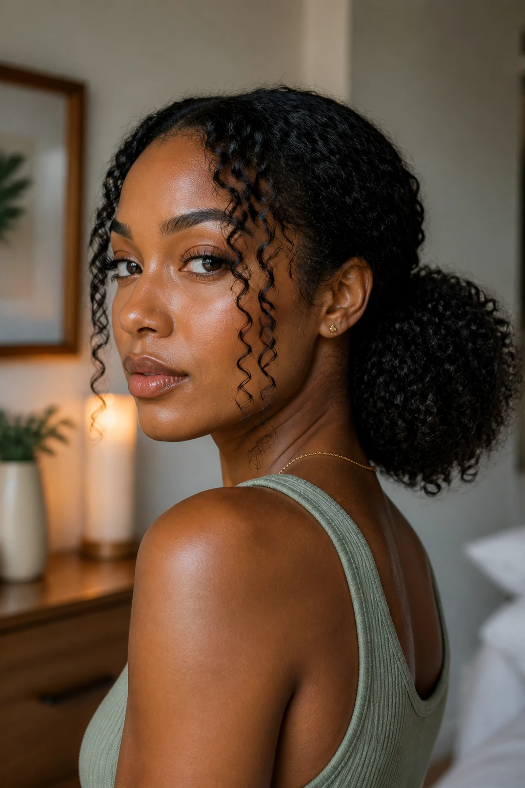 Three-quarter portrait of a real woman with a low puff wand curls at the nape