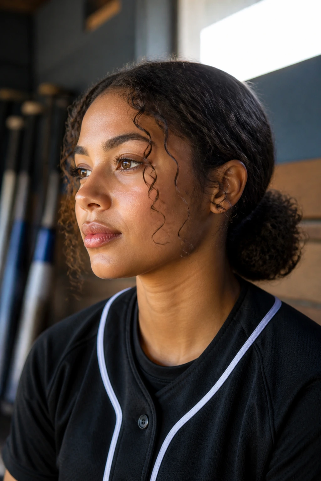 Close-up of real athlete with polished low puff and soft face-framing curls