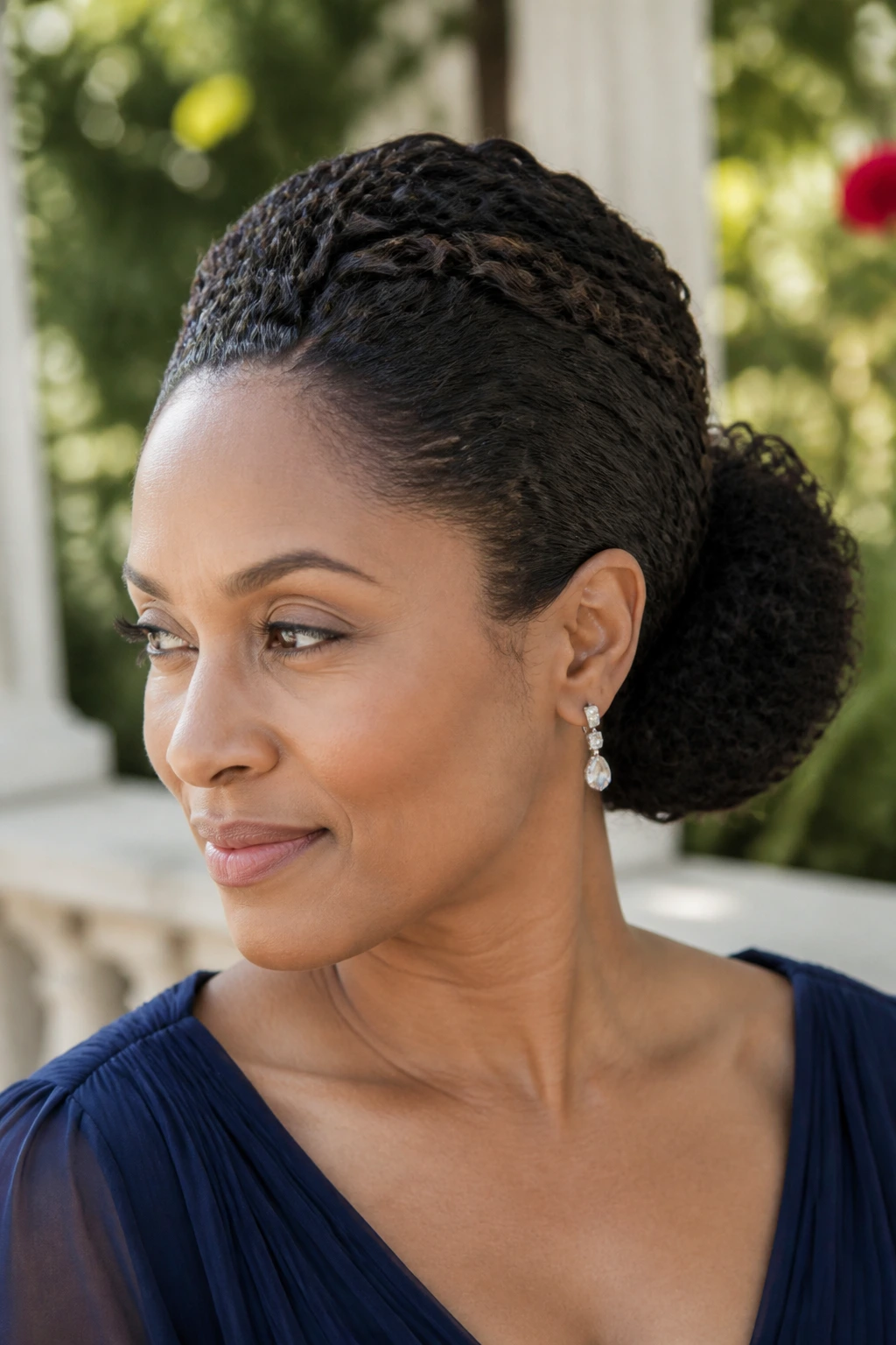 Close-up of a real woman with a low puff hairstyle wrapped at the base outdoors