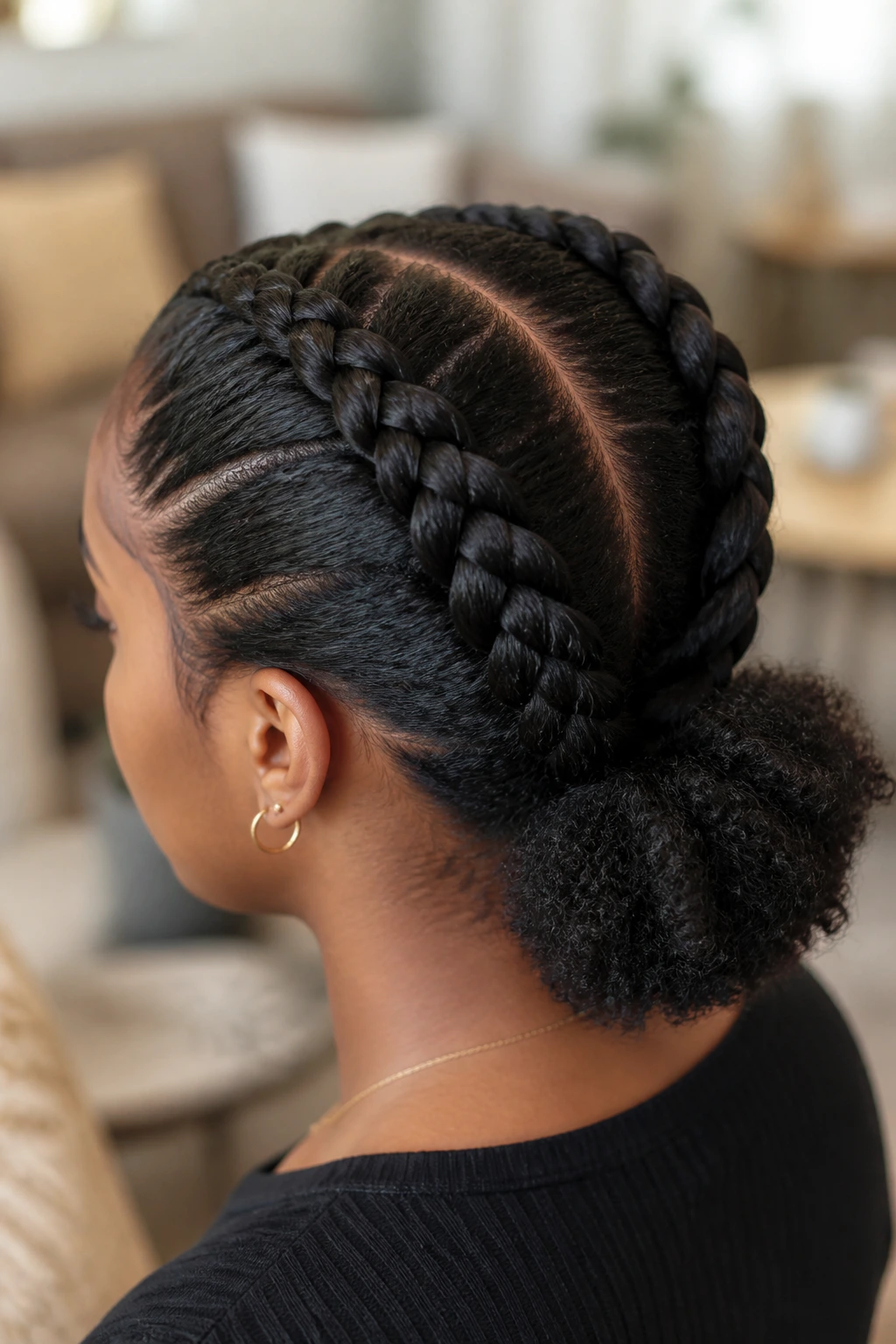 Close-up of two Dutch braids feeding into a low puff.