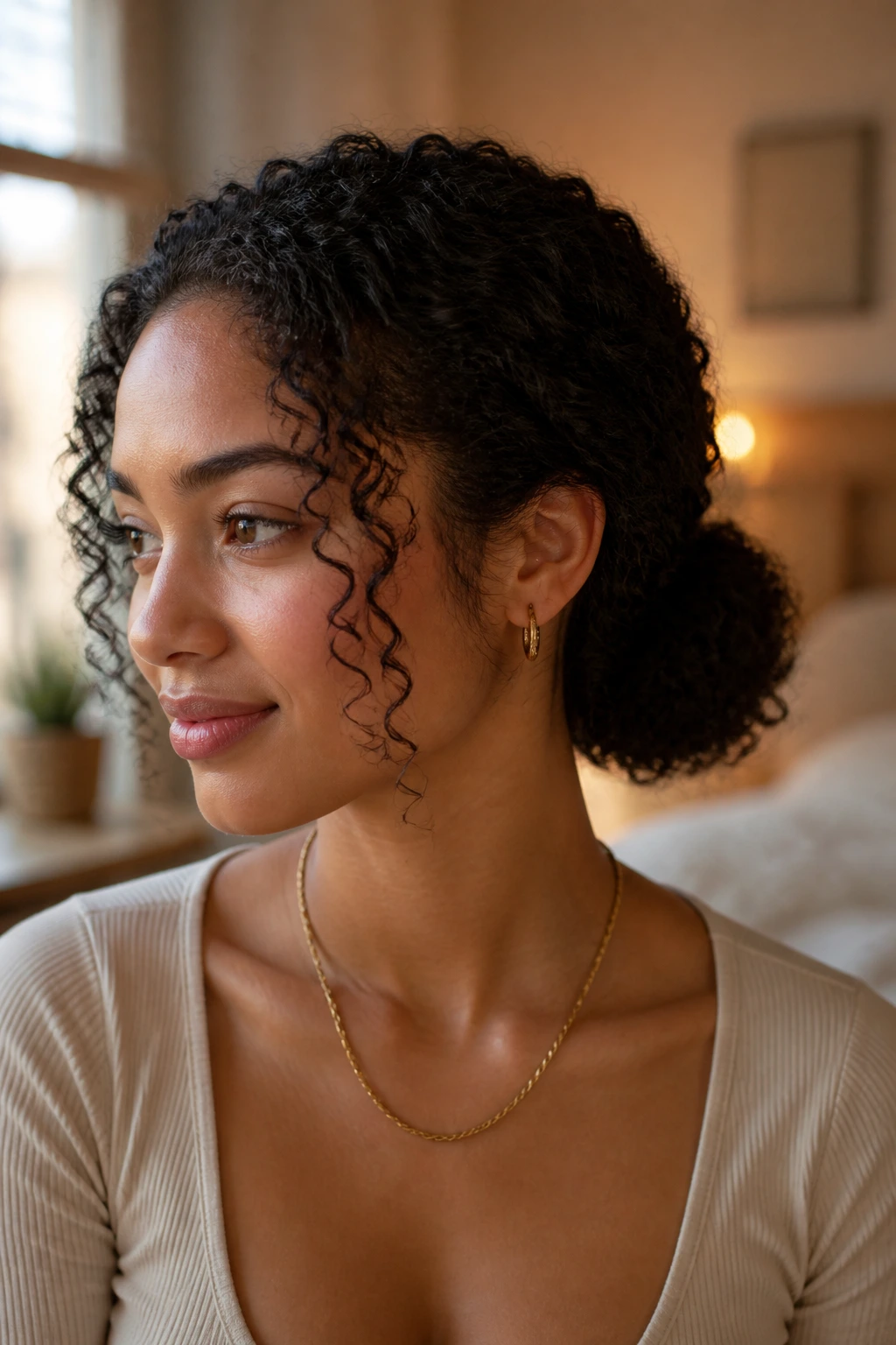 Close-up portrait of a real woman with a low puff at the nape and face-framing curls under warm window light