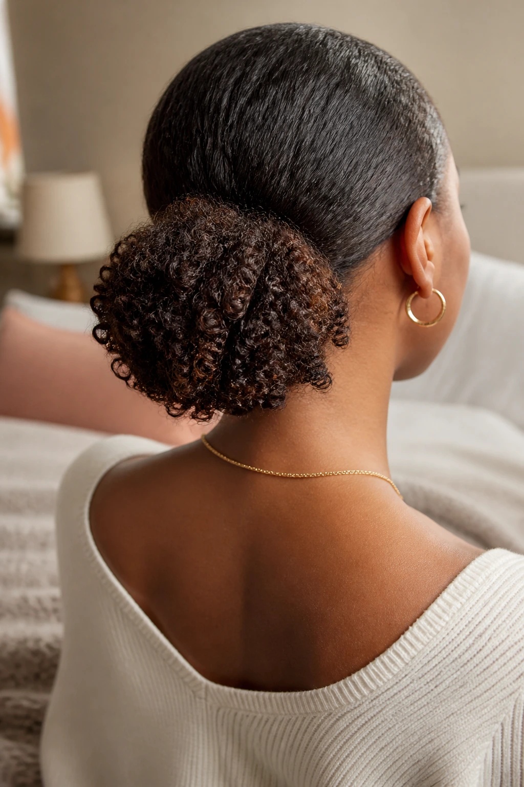 Rear view of a woman with a low puff at the nape of the neck