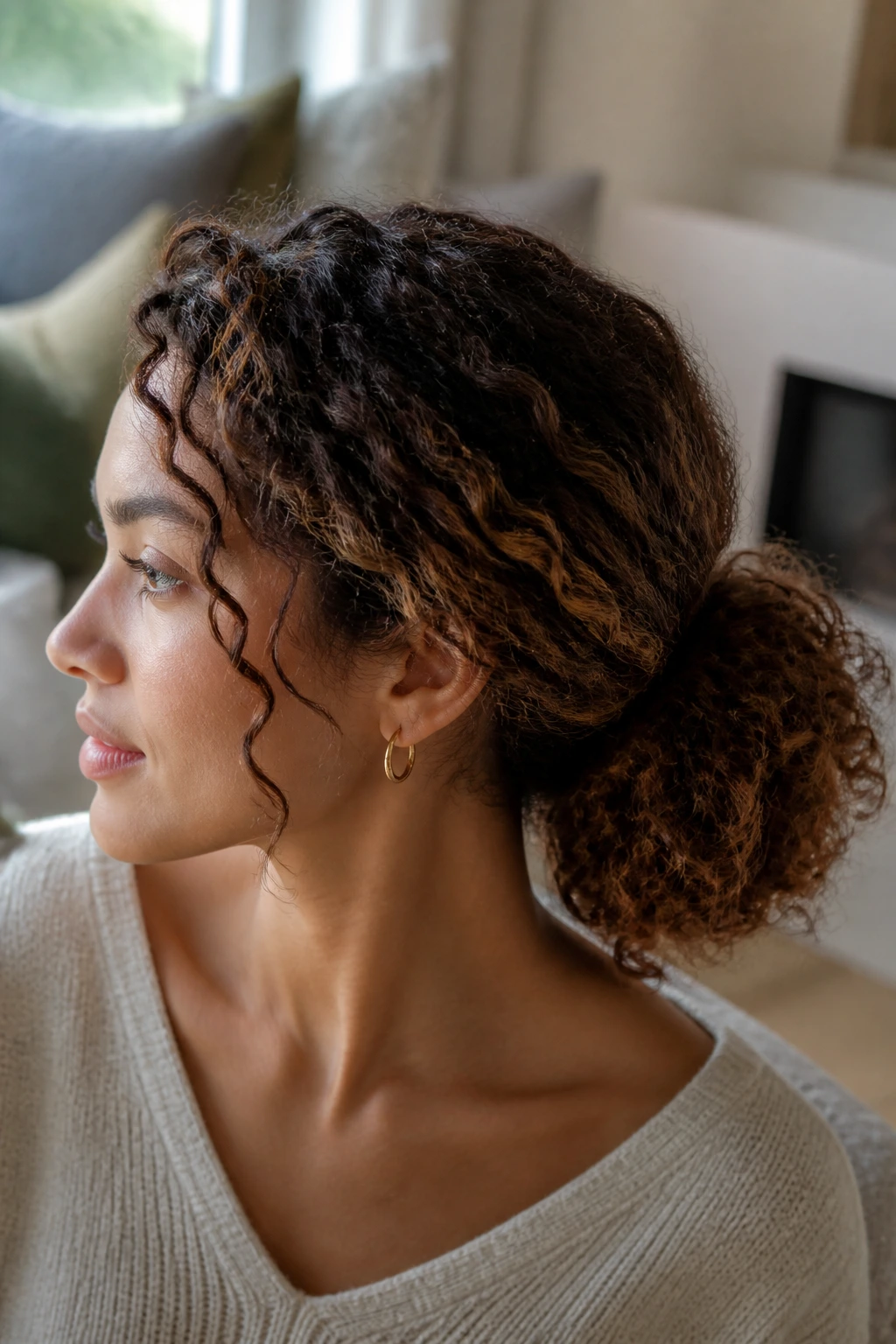 Close-up of a real woman with a low puff ponytail and curled texture.