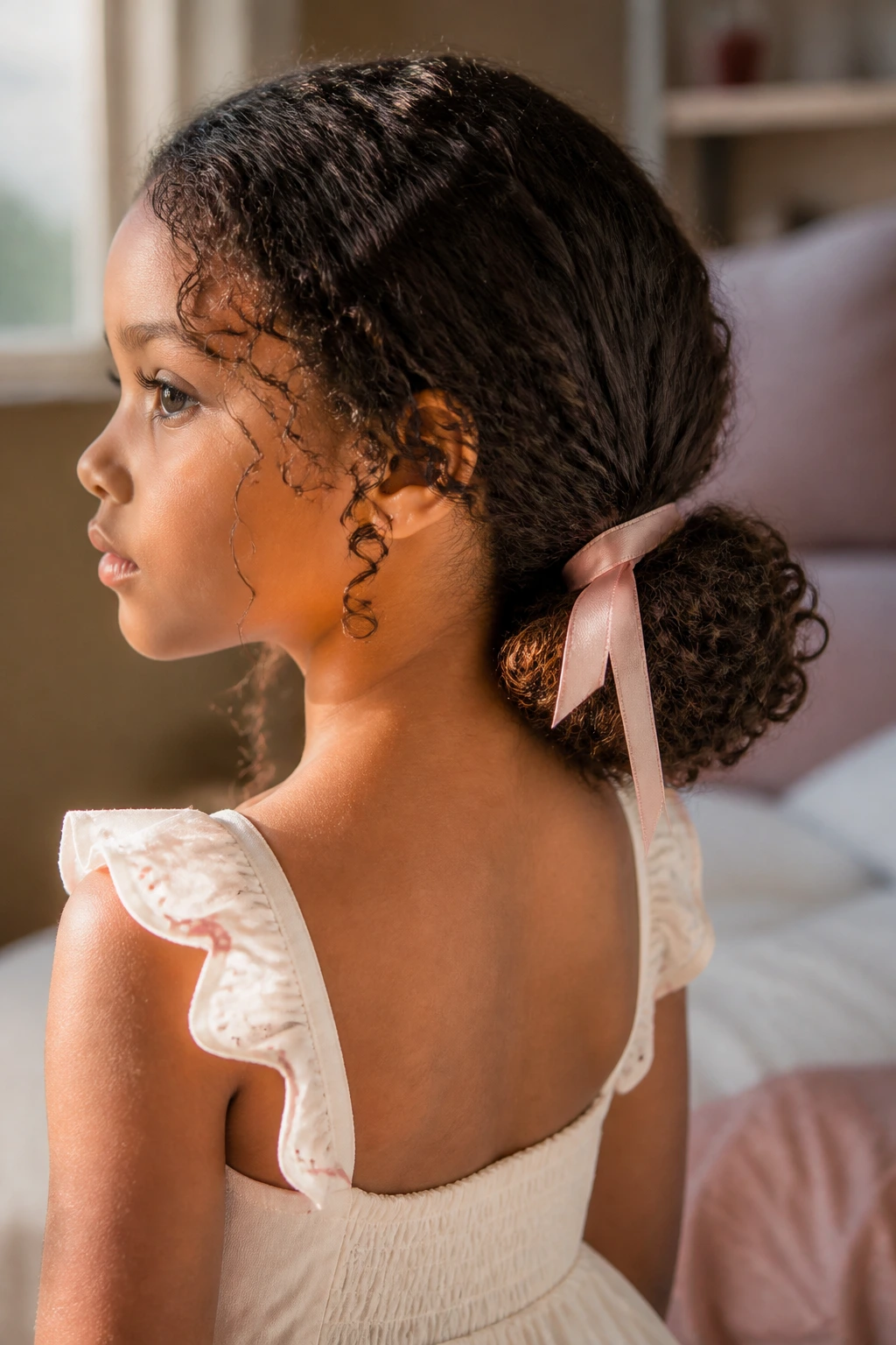 Close-up of a girl with a low puff and ribbon at the nape, curls framing the face