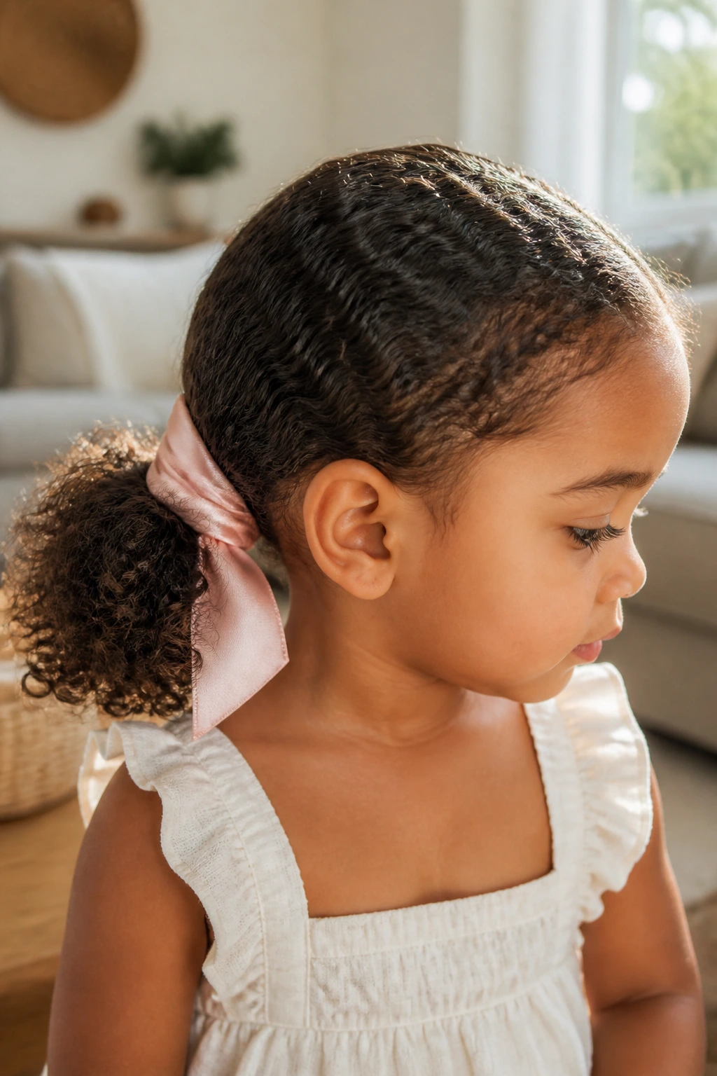 Real toddler wearing low puff with ribbon wrap hairstyle
