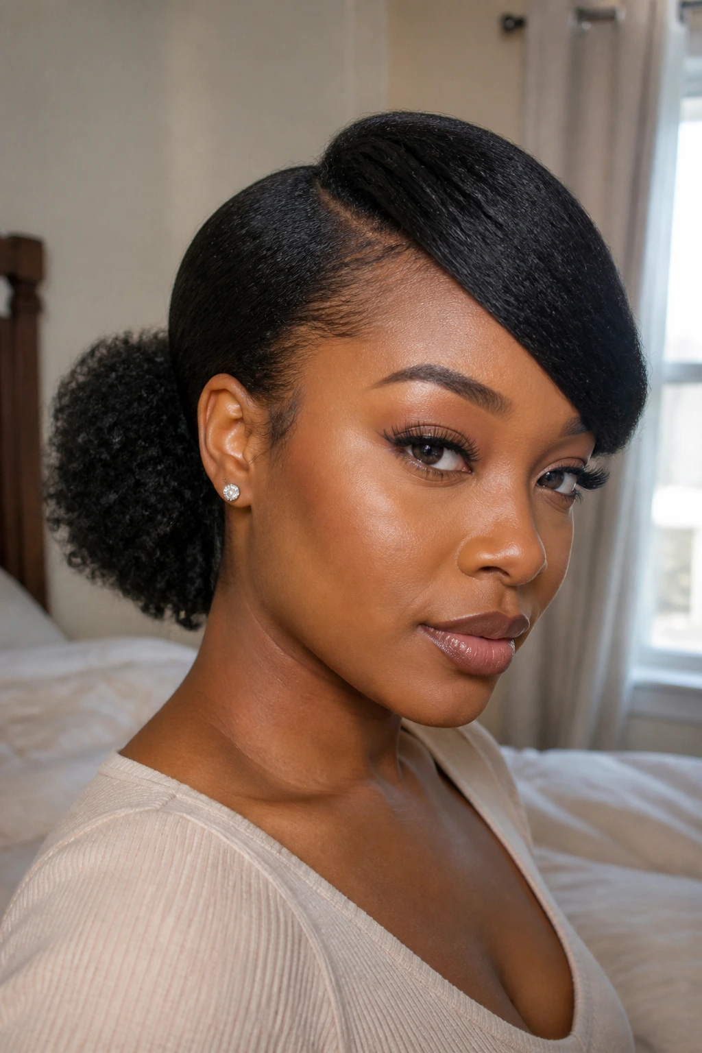 Close up of a real woman with a low puff and deep side sweep, natural lighting