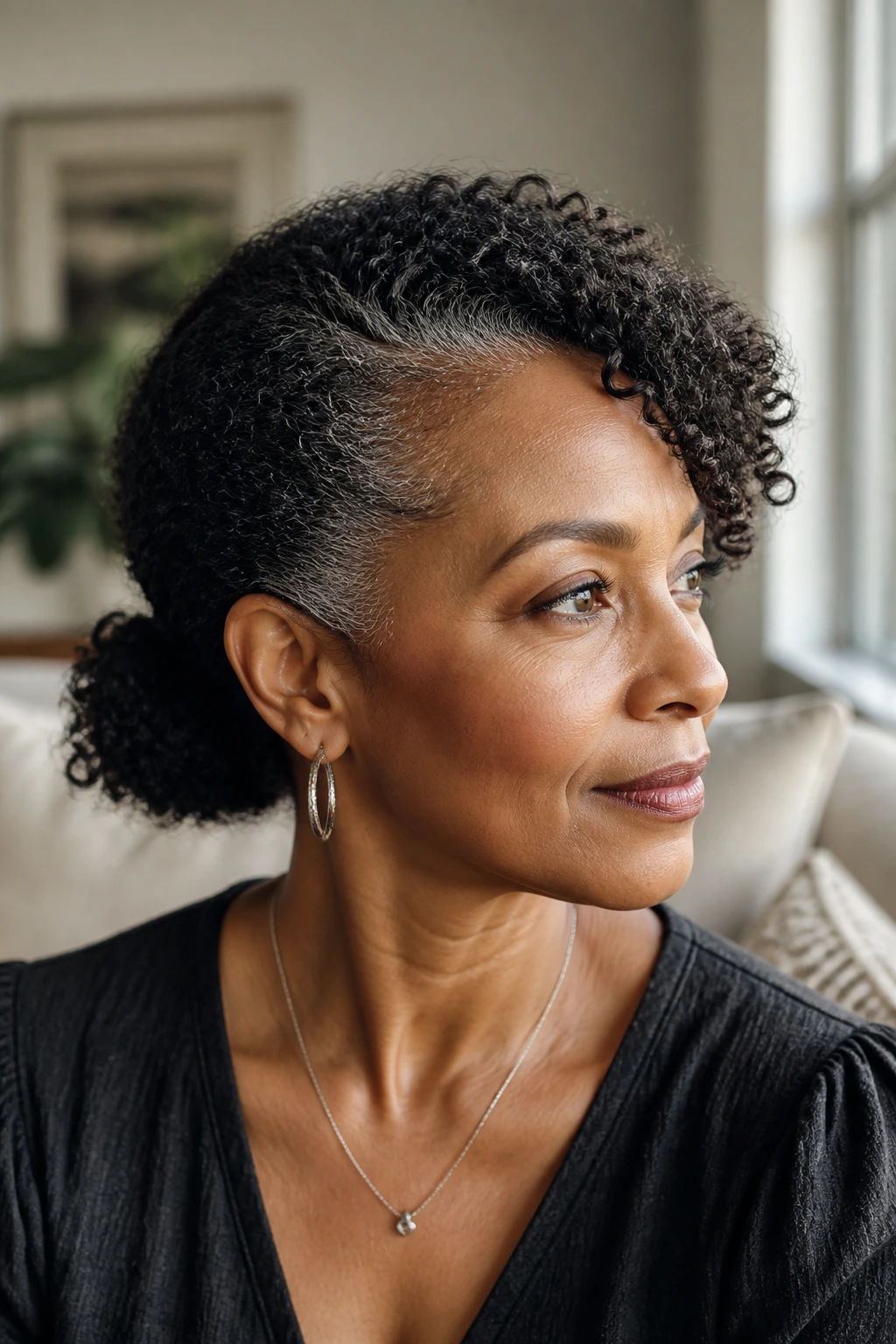 Close-up of real woman with low curl puff and side sweep hiding temples