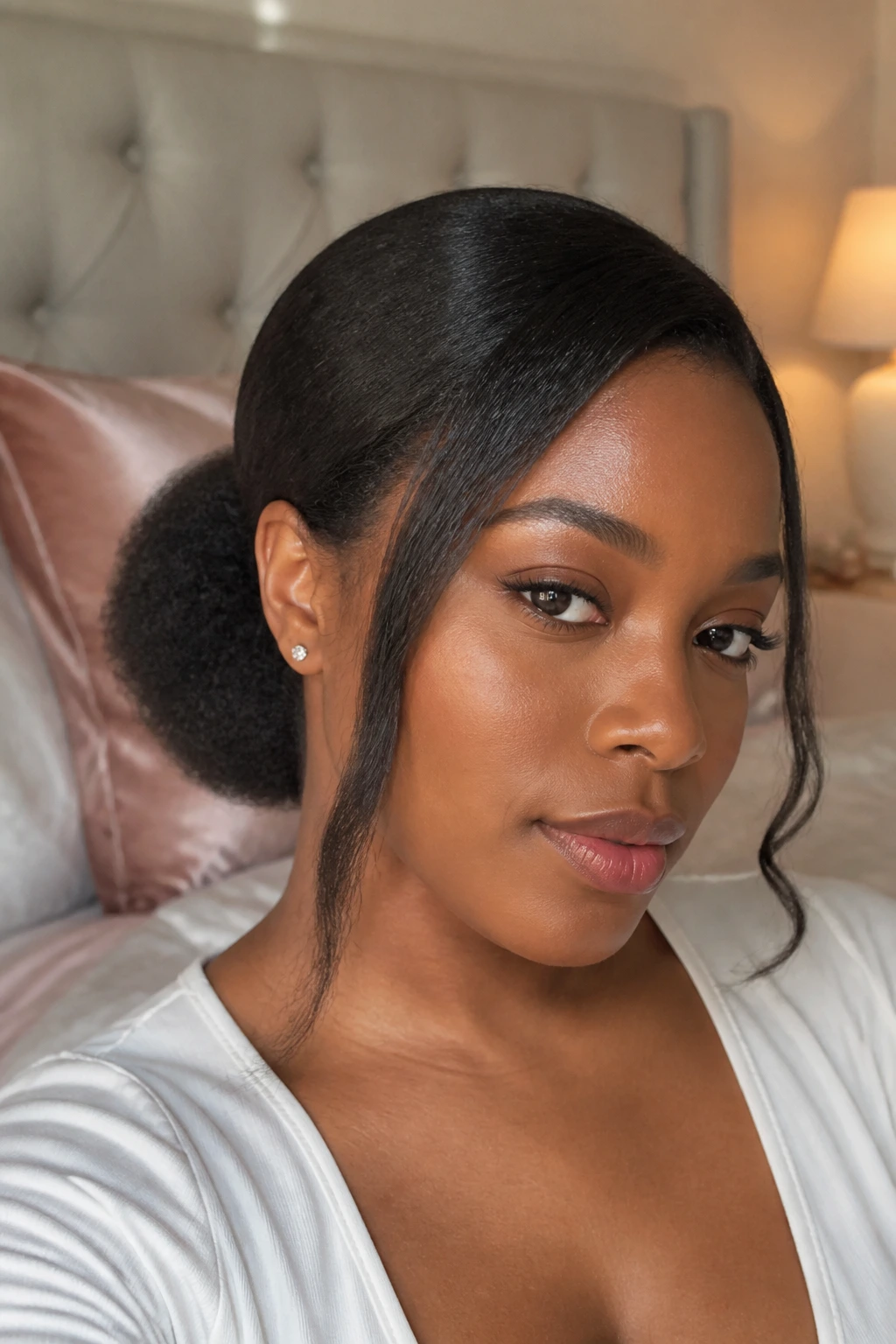 Close-up of a Black woman with a low puff formed by stretched hair at the nape