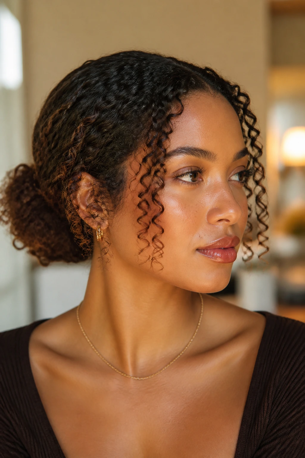 Low puff hairstyle with tendrils framing the face on real person