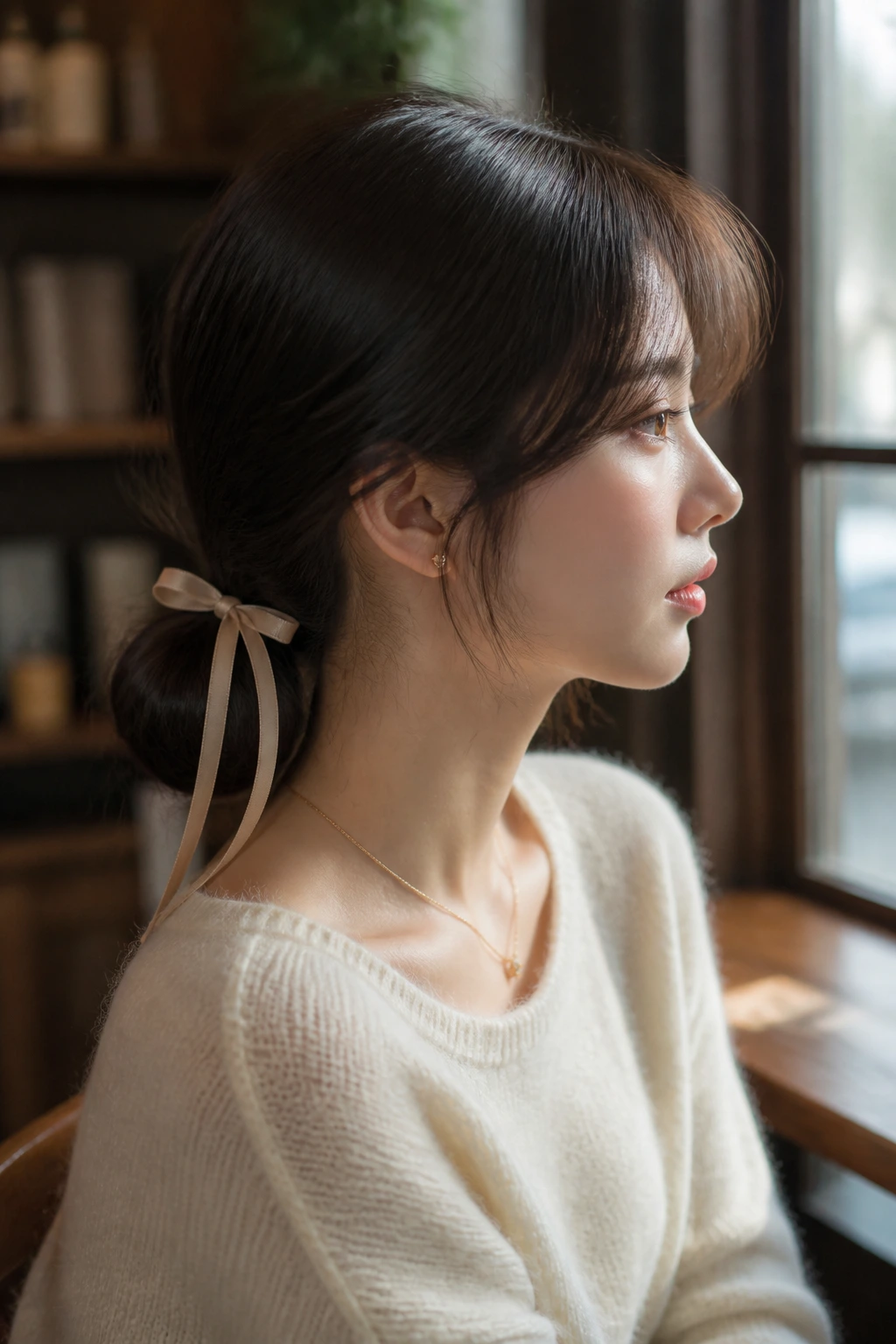 Close-up of a low ribbon bun at the nape with a delicate ribbon