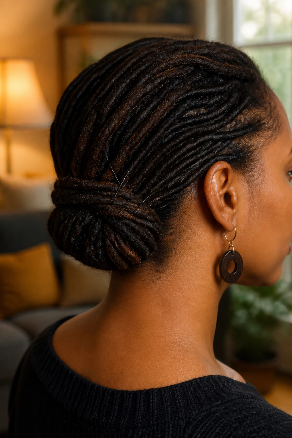 Close-up profile of a real woman with a low roll-and-pin at the nape of the neck.