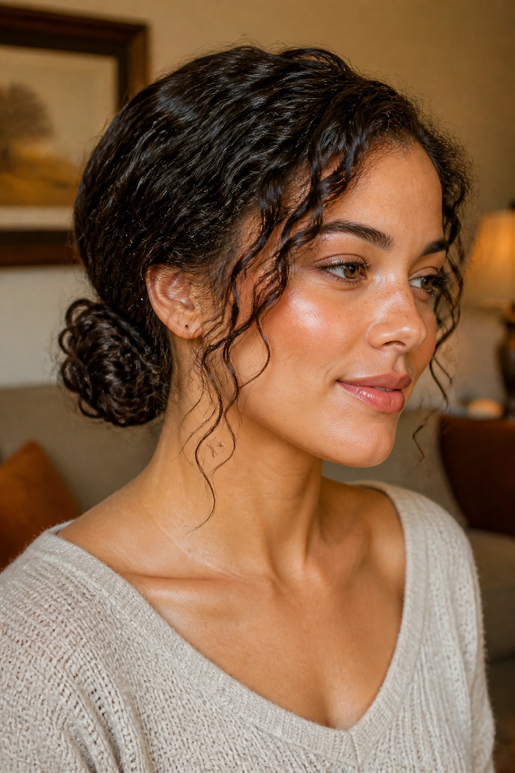 Close-up portrait of a real person with a low rolled bun and face-framing pieces