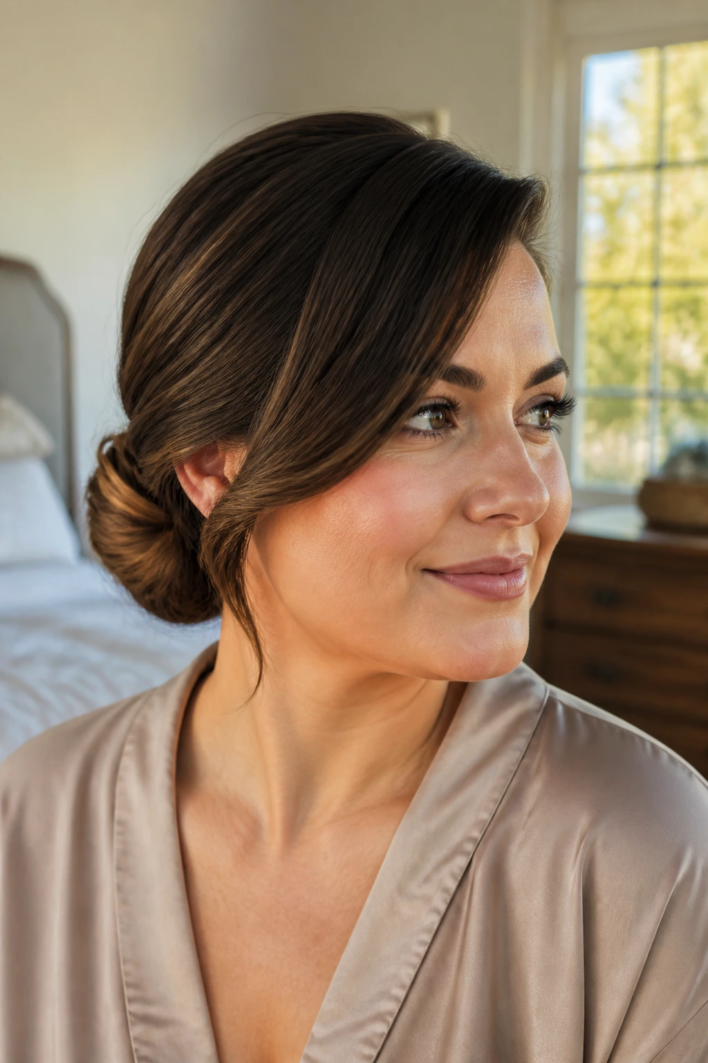 Close-up of a real woman with a low rolled bun and side sweep