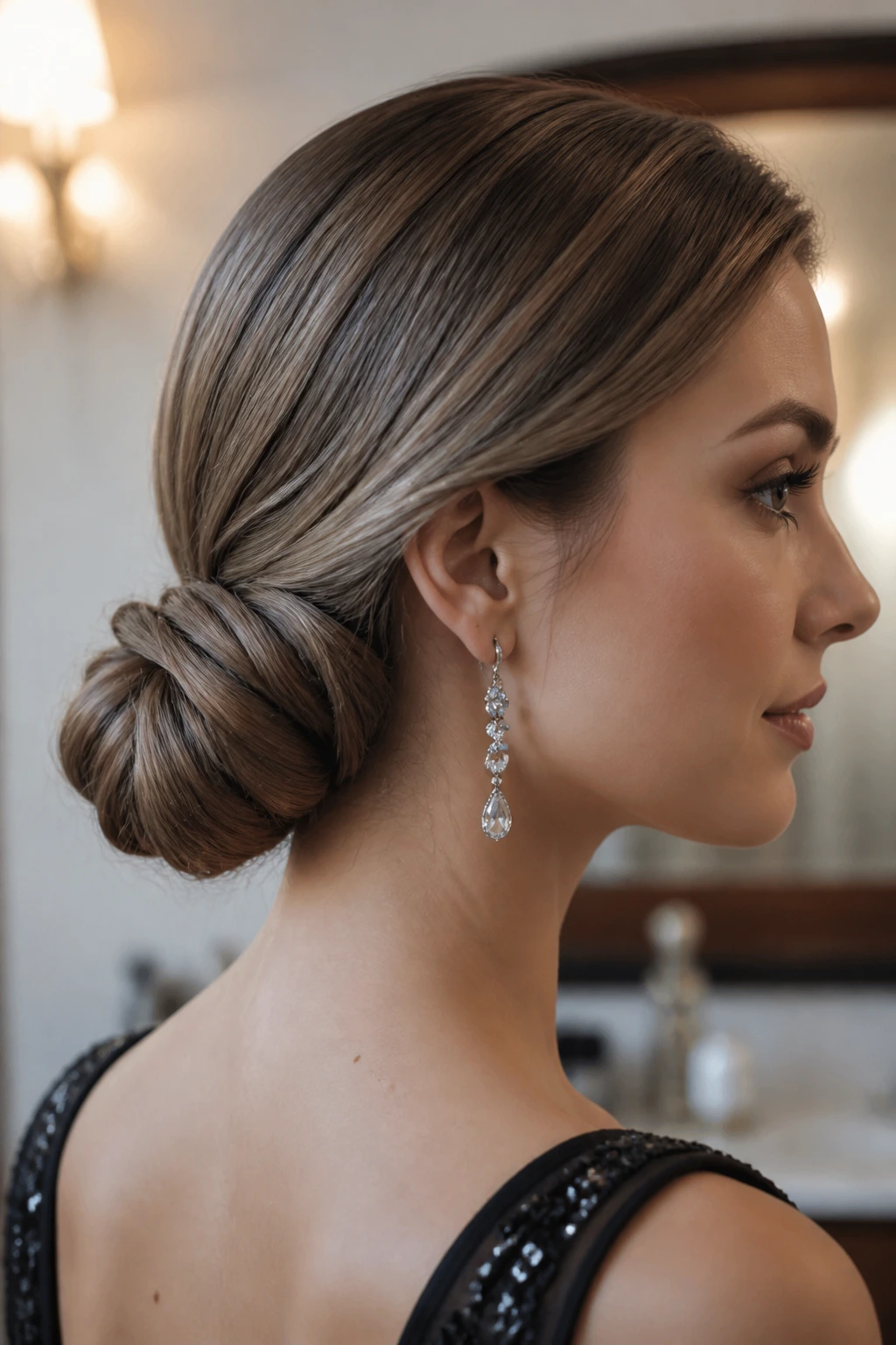 Close-up of a woman with a low rolled chignon at the nape