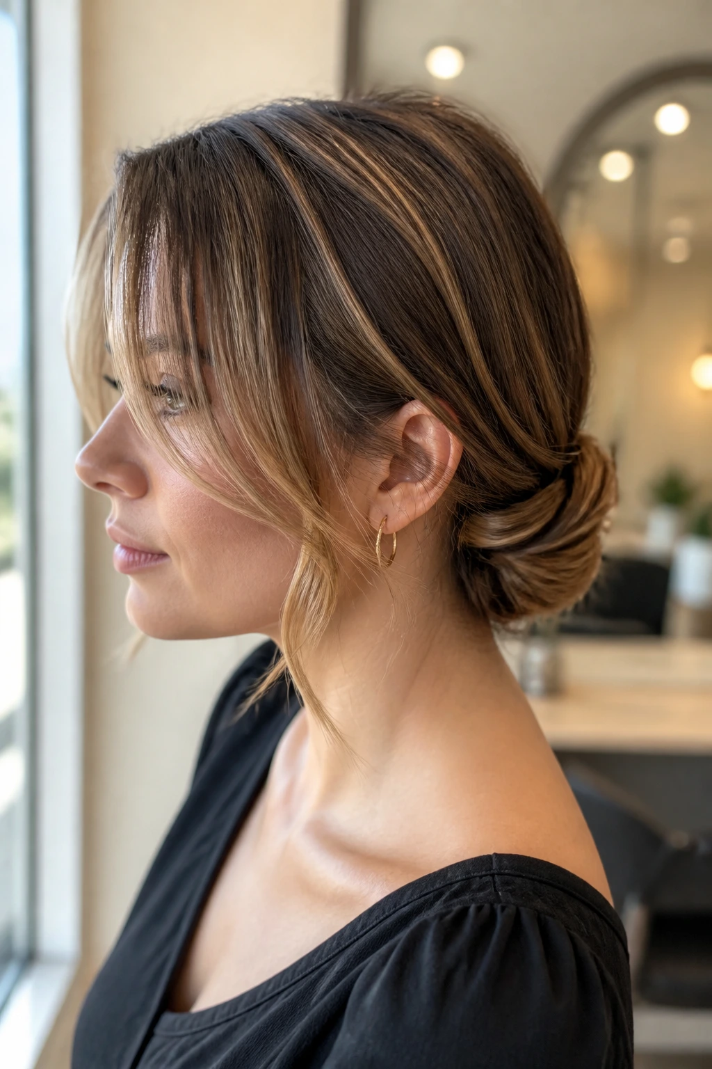 Close-up of a real woman showing a low rope twist at the nape with front layers loose