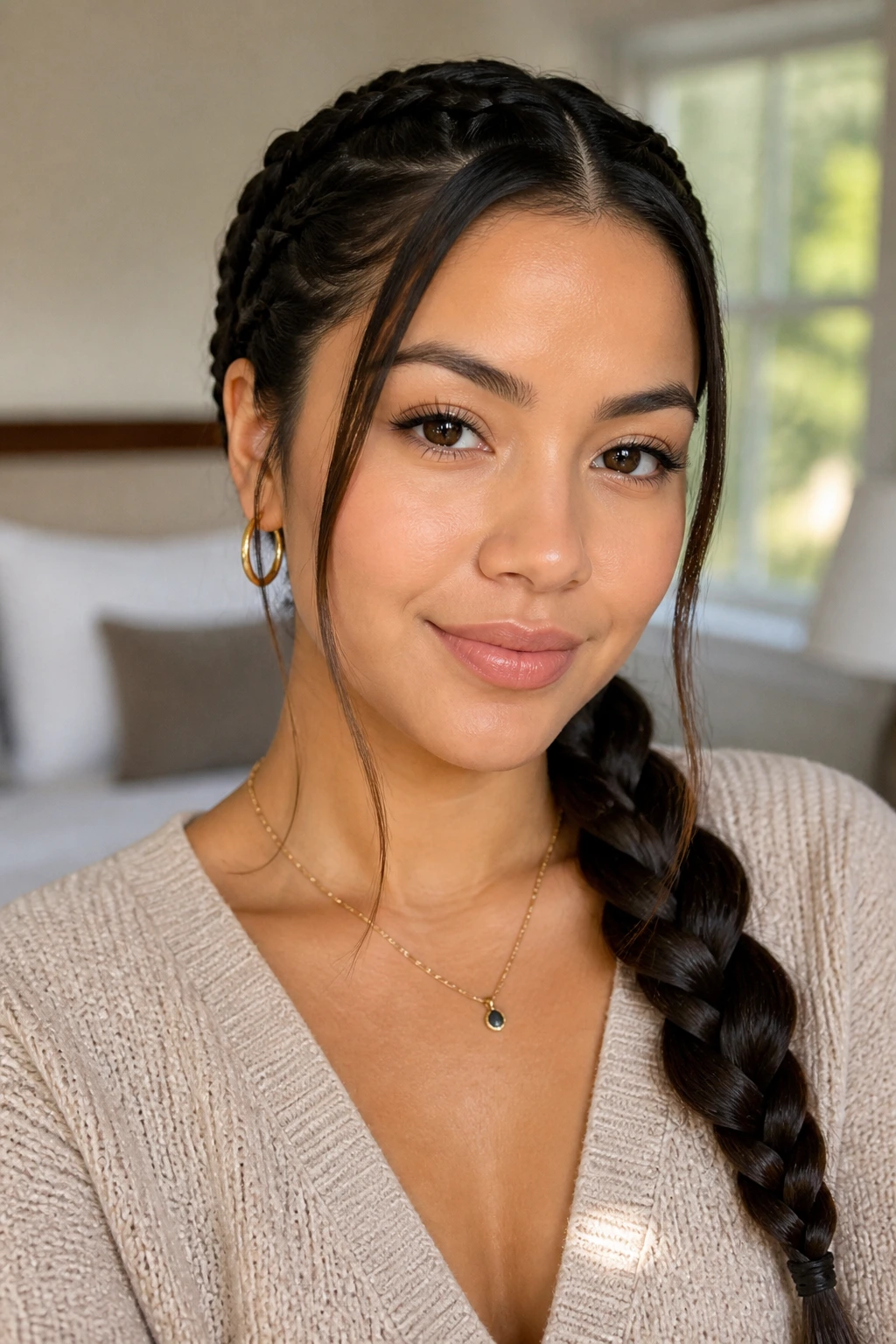 Portrait of a real person with a sleek low side braid that elongates the face.