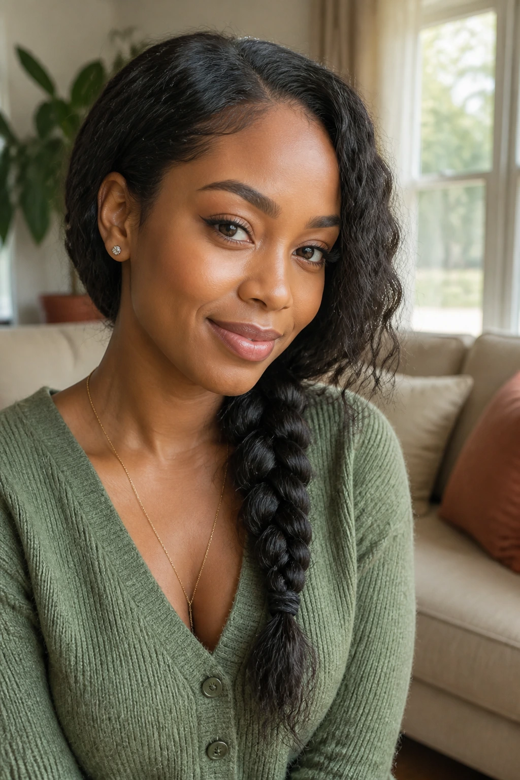 Close-up of a real person with a soft low side braid falling forward over the shoulder