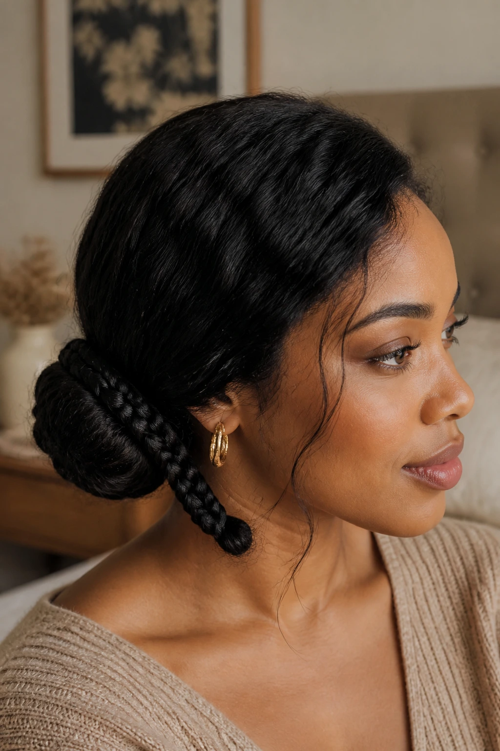 Close-up of a real woman with a low side bun and braided tail.