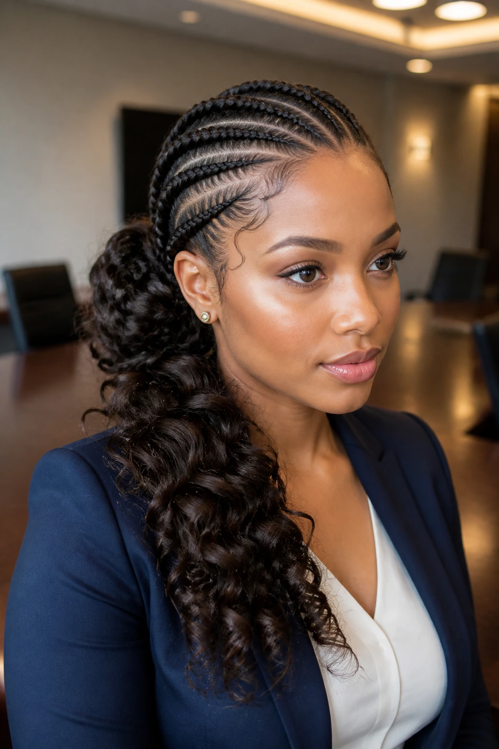 Close-up of low side bun cornrows with waterfall curls on a real person
