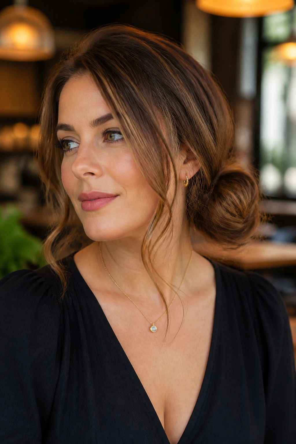 Close-up of a woman with a low side bun and soft face pieces behind the ear