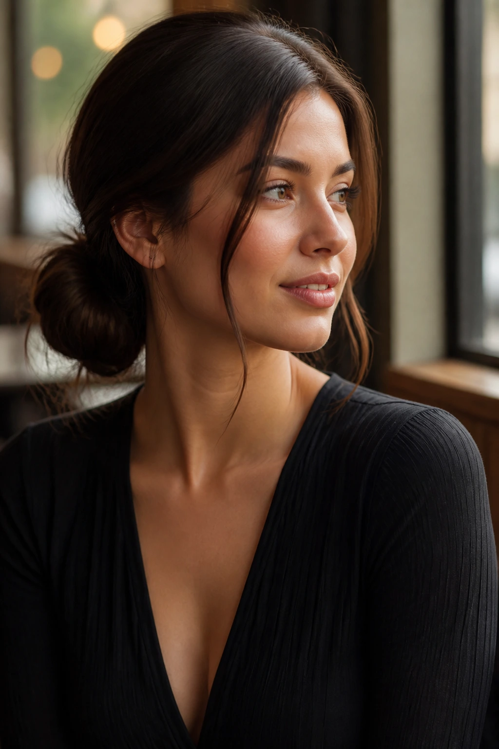 Close-up of a real woman with a low side bun and face-framing tendrils