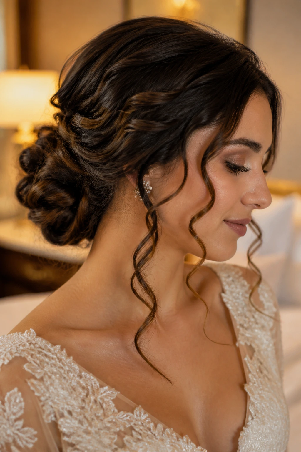 Low side chignon with wave tendrils on a real person