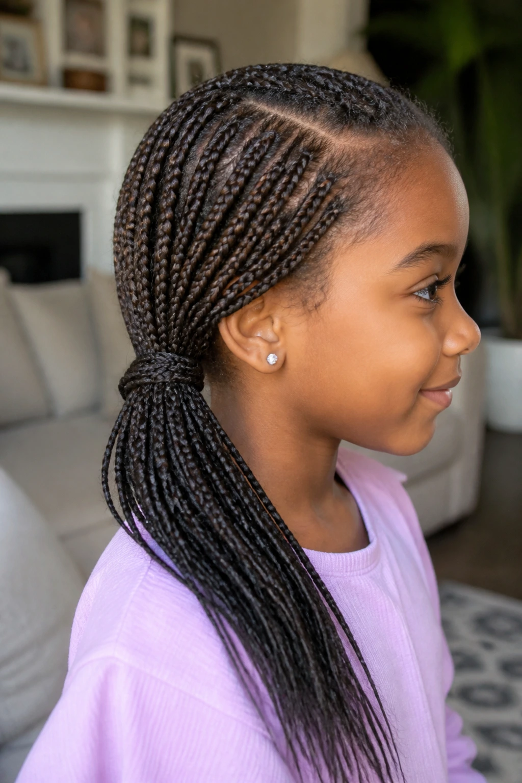 Real child in a low side braided pony in profile view