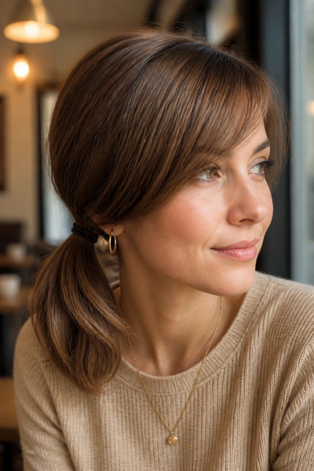 Close-up portrait of a real woman with a sleek low side pony and side-swept bangs