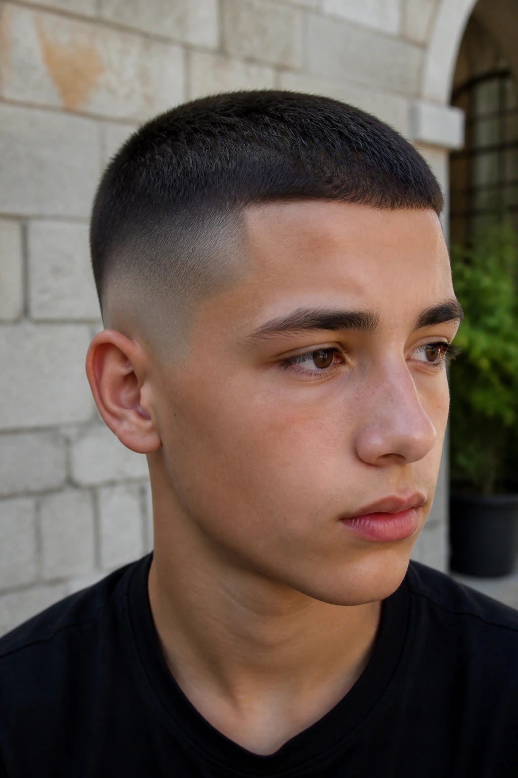Teen boy with low skin fade buzz showing clean head shape