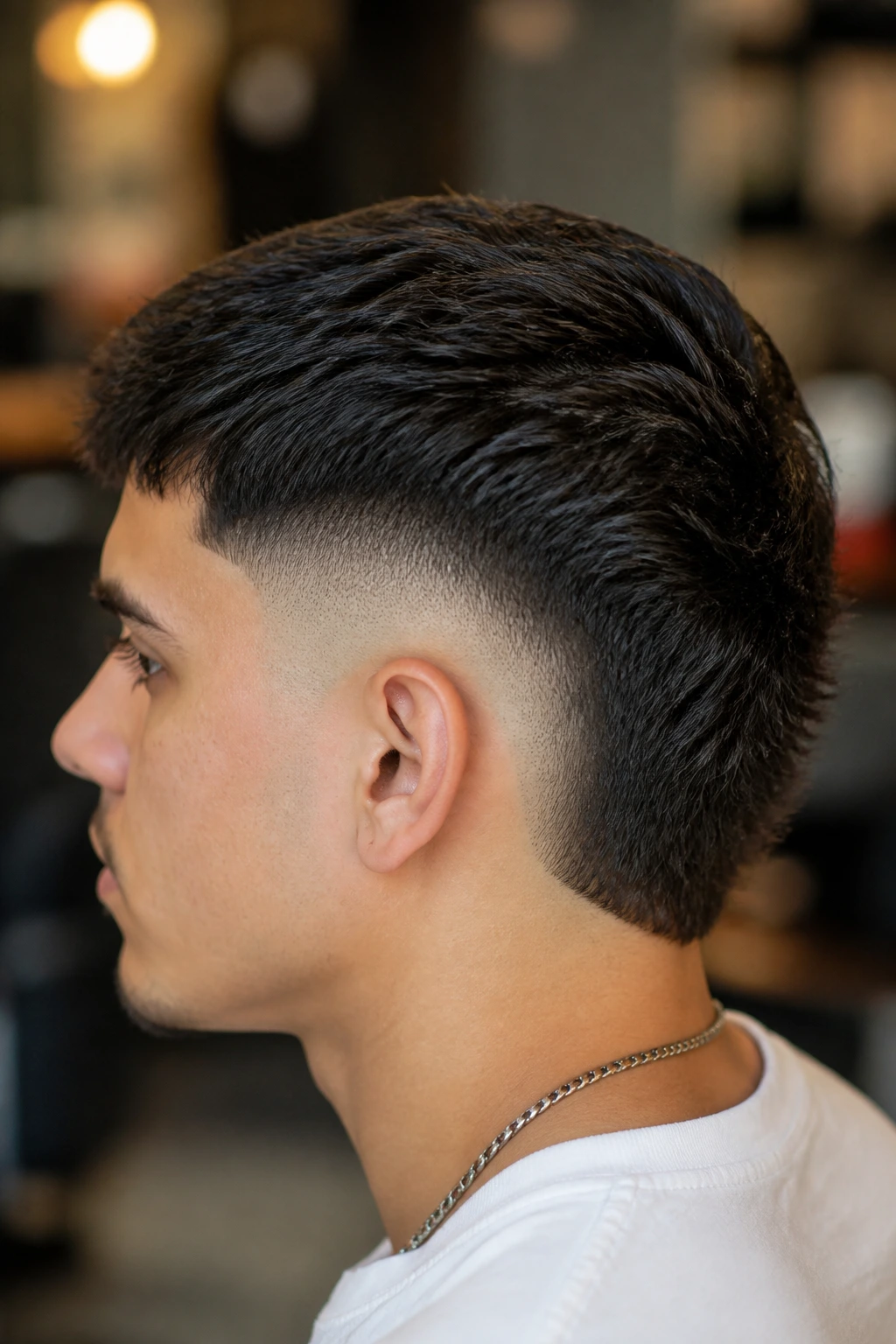 Real man with low skin fade and tight mullet tail in a barbershop