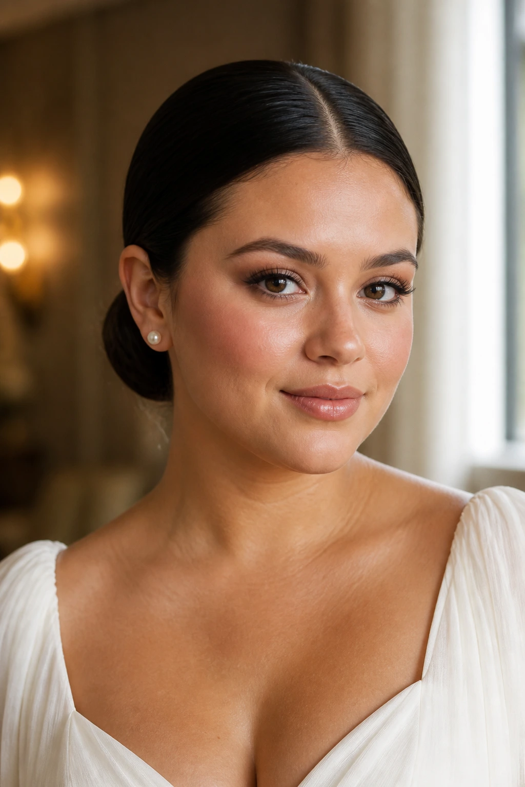 Real woman with low sleek bun and center part close-up portrait