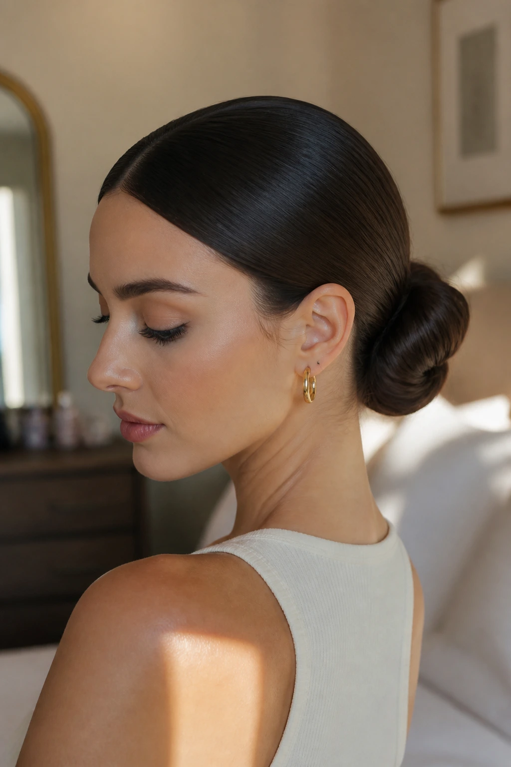 Portrait of a real person with a low sleek bun at the nape