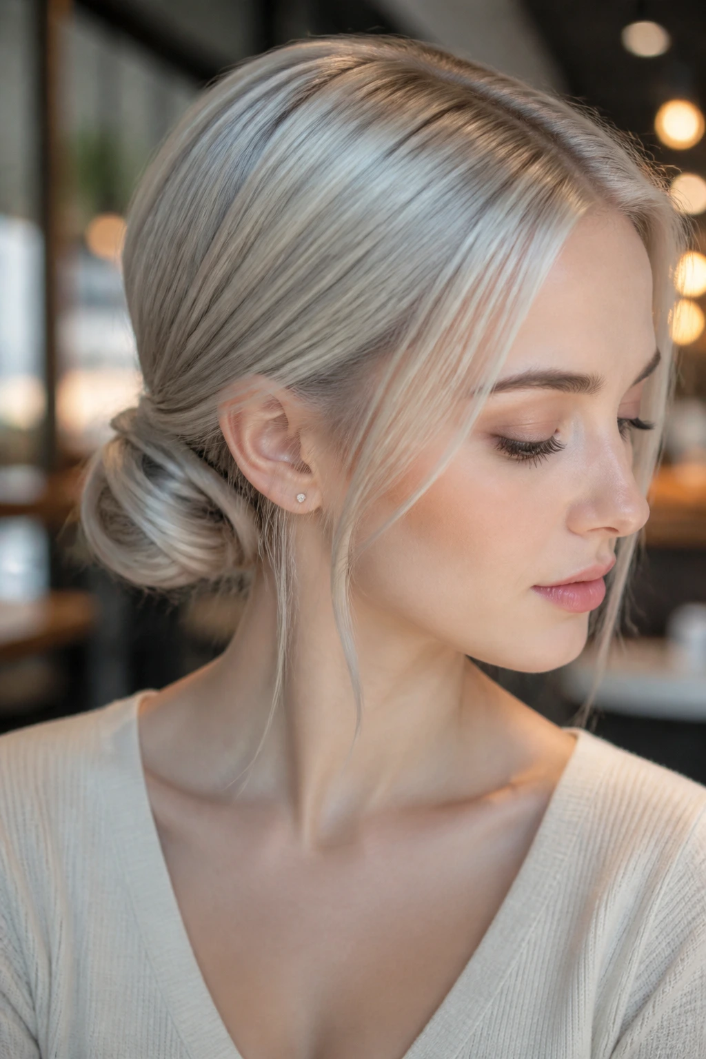 Close-up of a real person with a low sleek bun in steel blonde.
