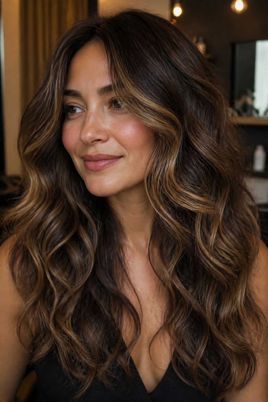 Portrait of a real woman with low-stacked layers on heavy waves