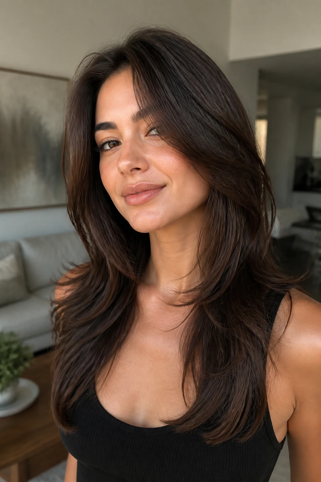 Close-up of a real woman showing chin-opening layers starting at the jawline