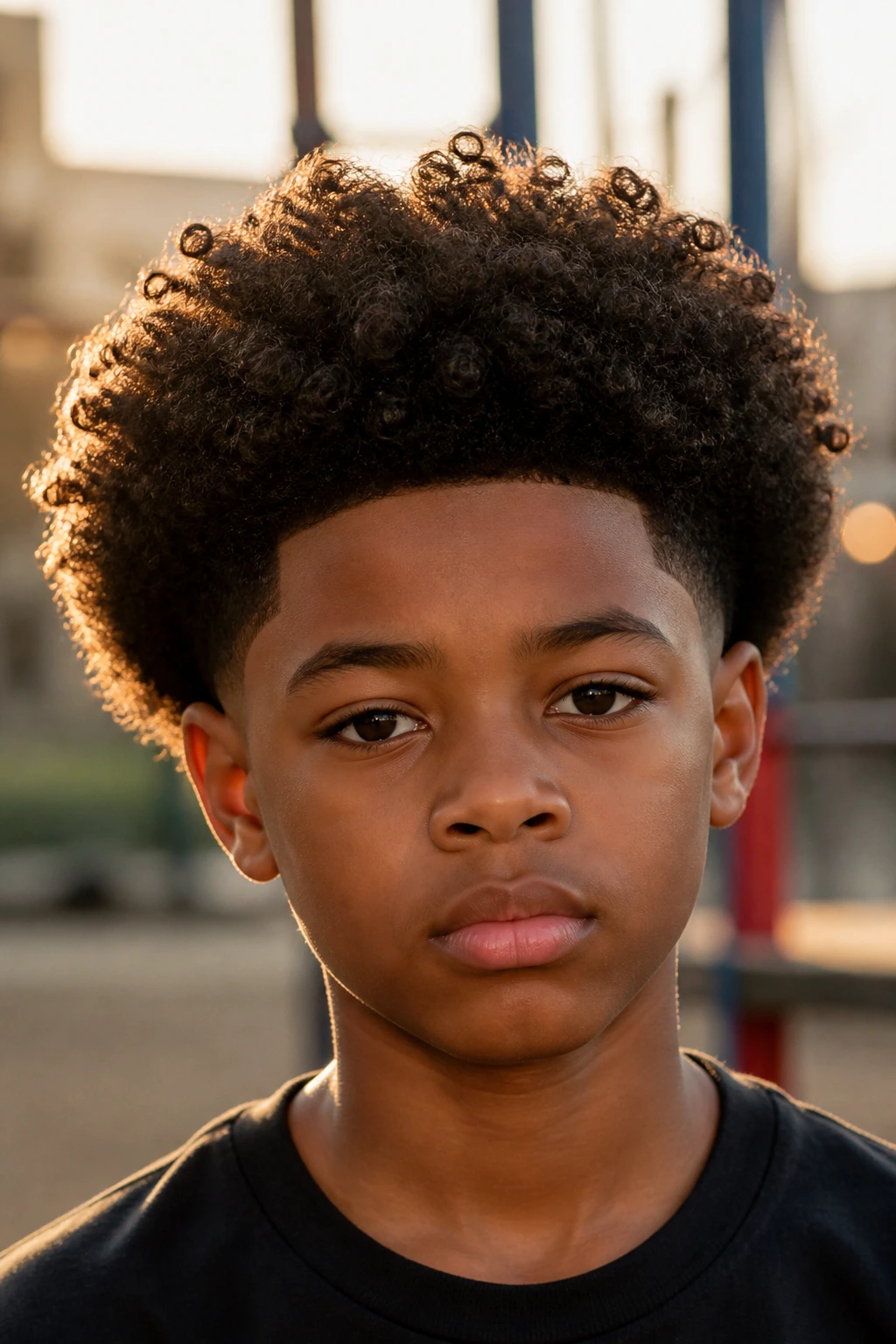 Close-up of a preteen boy with a full afro and clean outline